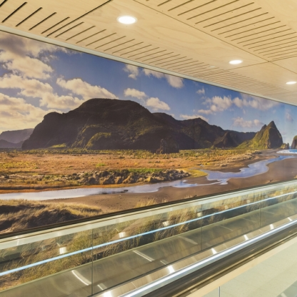 A landscape commission of Whatipu that I shot specially for Auckland International Airport. This is printed onto fabric 2.6m high in arrivals, between gates 16 & 17 of Pier B. It also features 4m high x 34m wide on vinyl, above the departures retail area 