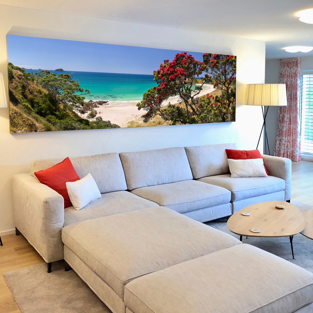 My Swiss clients Anki & Geoff visited me at my Auckland studio & I installed this 3000mm wide "Slice Of Heaven" at their home on the Lake of Zurich, in Switzerland. On the left is superimposed, on the right is the installed canvas. So cool!