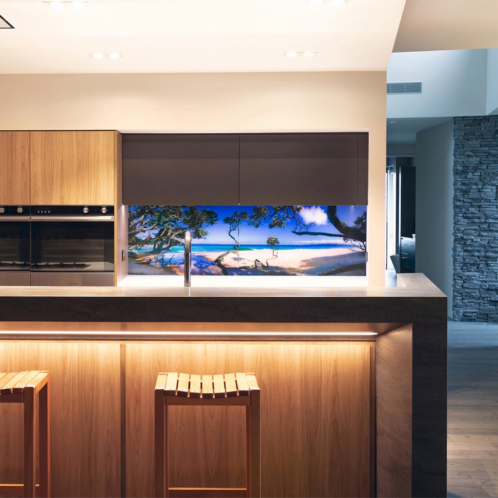"Wish You Were Here" as a beautiful splashback, printed onto low-iron glass.